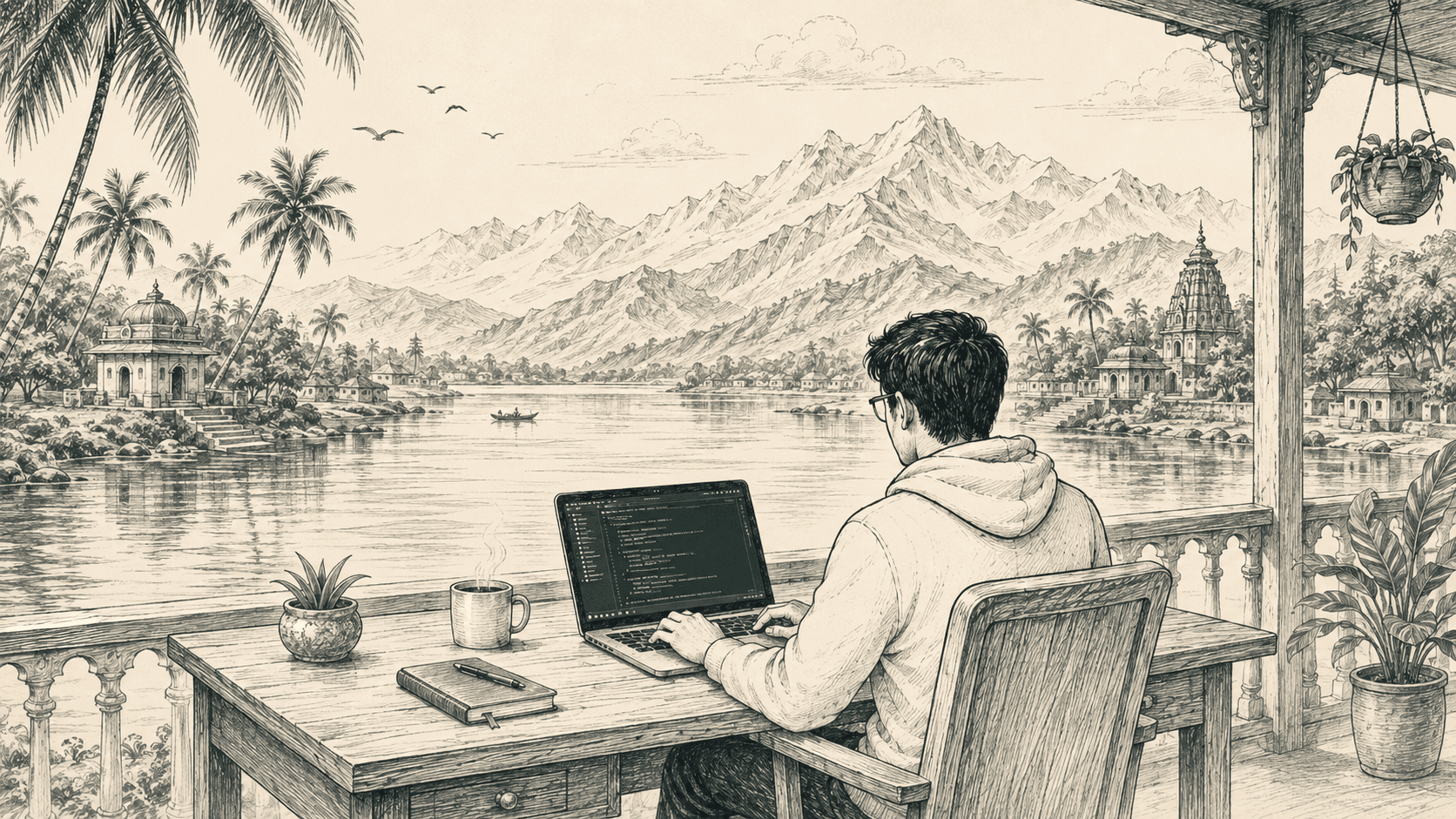 A maker at a desk on a balcony, coding above a calm river valley