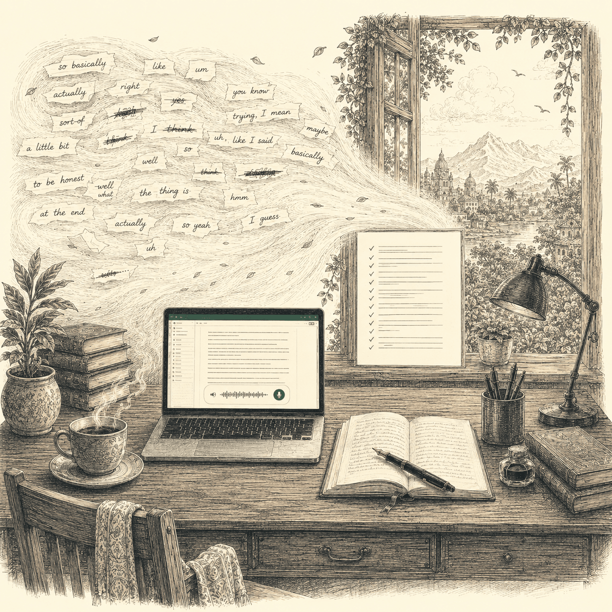 Messy spoken filler words drifting across a desk and resolving into a clean checklist