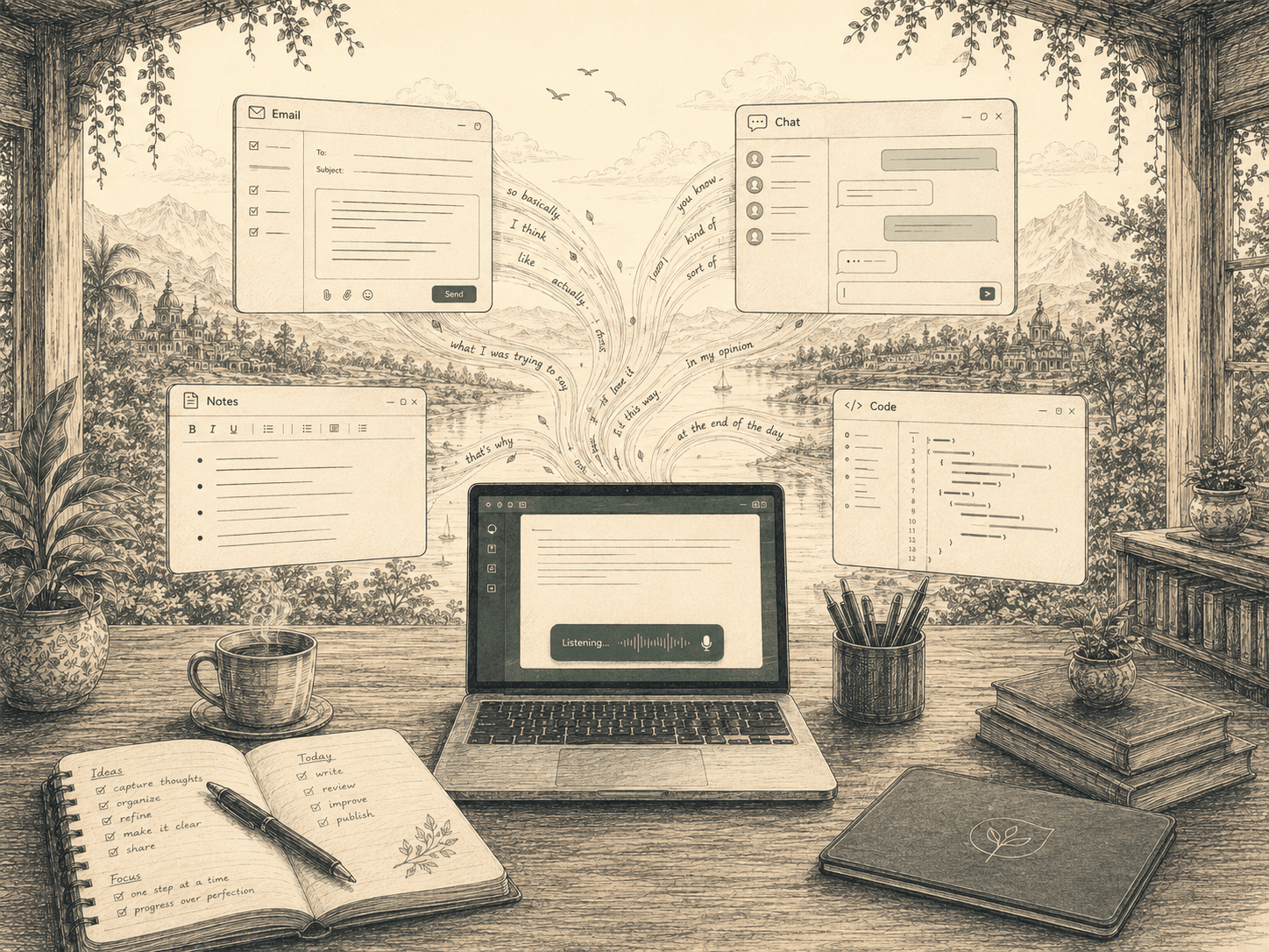 Email, chat, notes, and a code editor open around one laptop