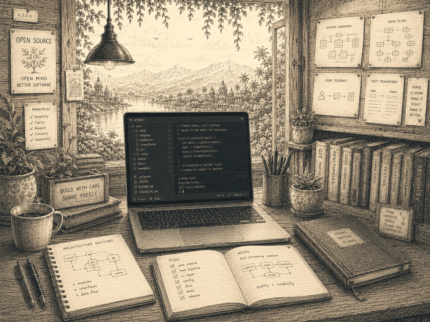A workspace of open-source notes, architecture sketches, and a code editor