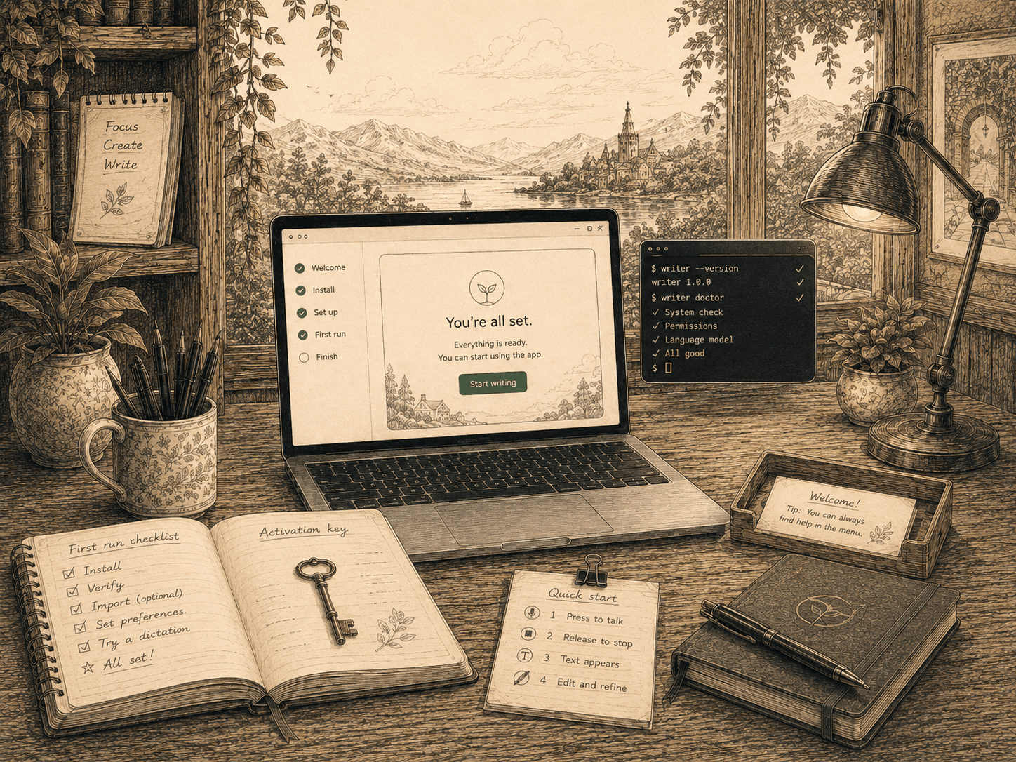 Bulbul's onboarding — a “you’re all set” screen beside a terminal reading all good