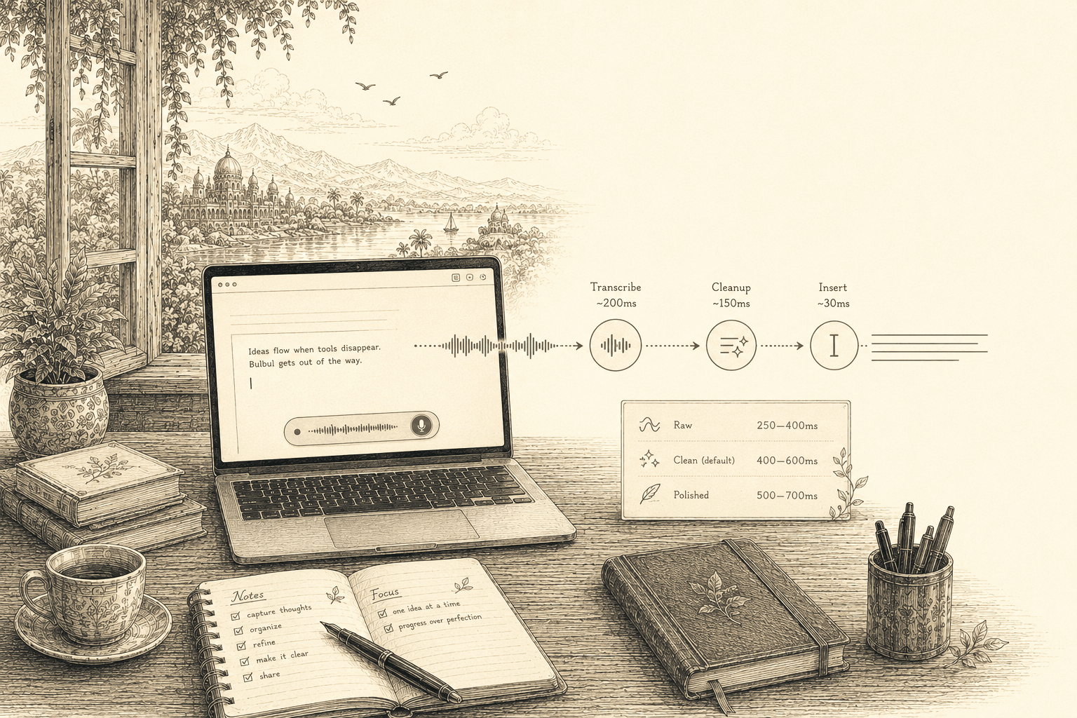 A laptop showing a live waveform, with a transcribe → cleanup → insert timing diagram beside it